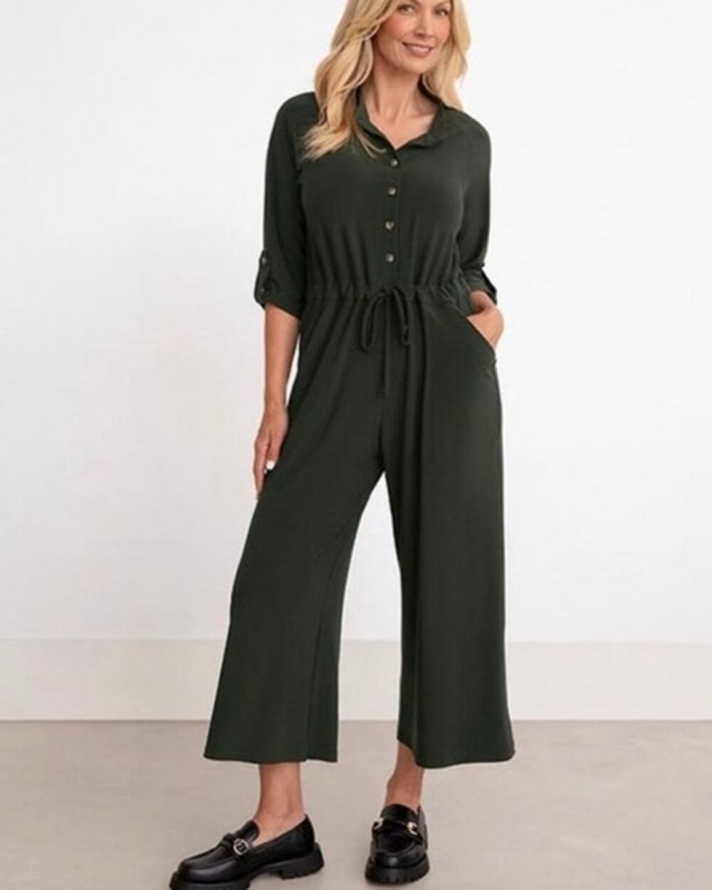 Sympli Safari Quarter Sleeve Cinch Waist Black Jersey Wide Leg Jumpsuit 8